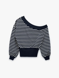 Çizgili Uzun Kollu Kayık Yaka Rahat Kalıp Omzu Açık Crop Sweatshirt