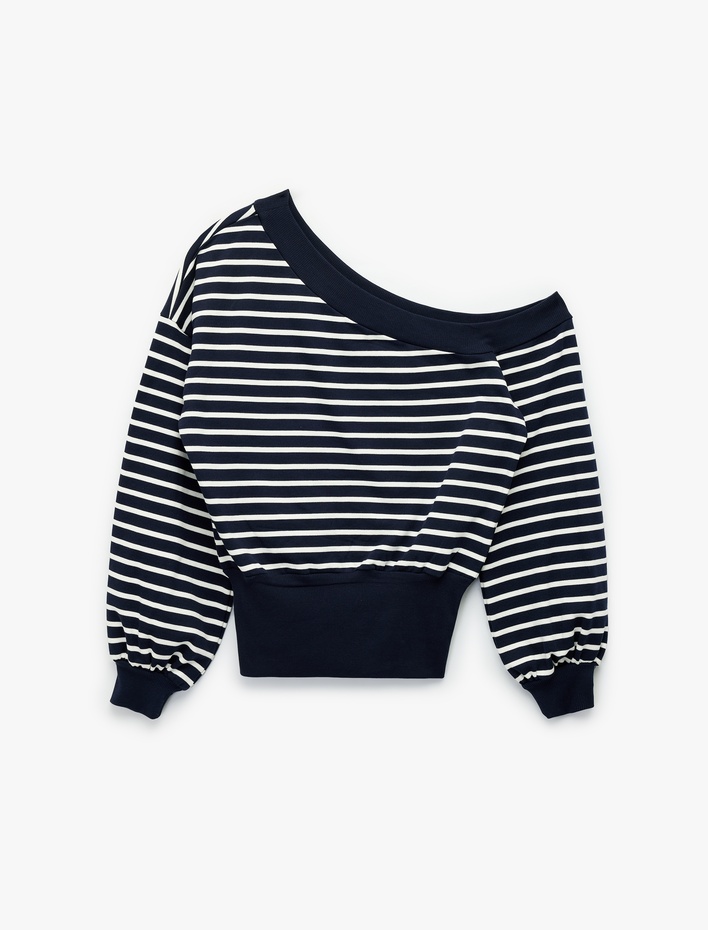  Çizgili Uzun Kollu Kayık Yaka Rahat Kalıp Omzu Açık Crop Sweatshirt