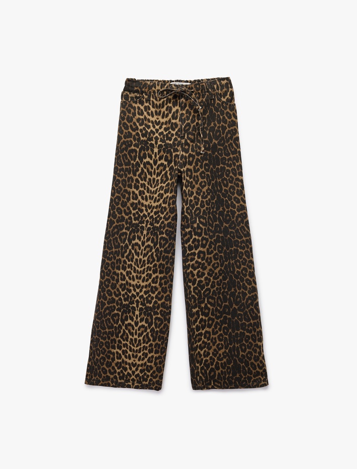  Normal Bel Düğmeli Cepli Düz Paça Leopar Desenli Pantolon -Straight Fit Jeans