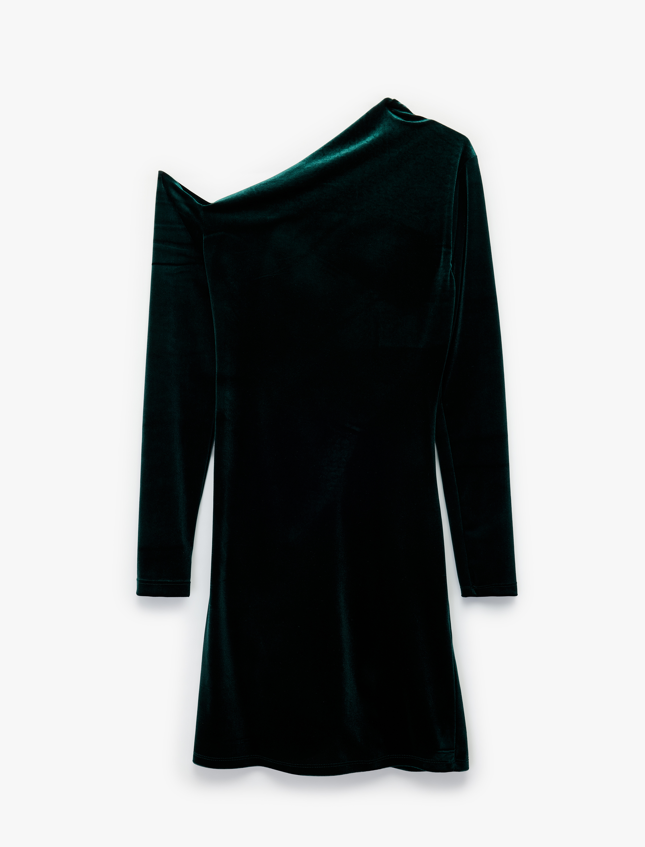   Slim Fit Uzun Kollu Asimetrik Yaka Taşlı Mini Kadife Elbise