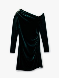 Slim Fit Uzun Kollu Asimetrik Yaka Taşlı Mini Kadife Elbise
