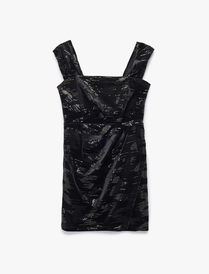  Straplez Payetli Kolsuz Bodycon Mini Abiye Elbise