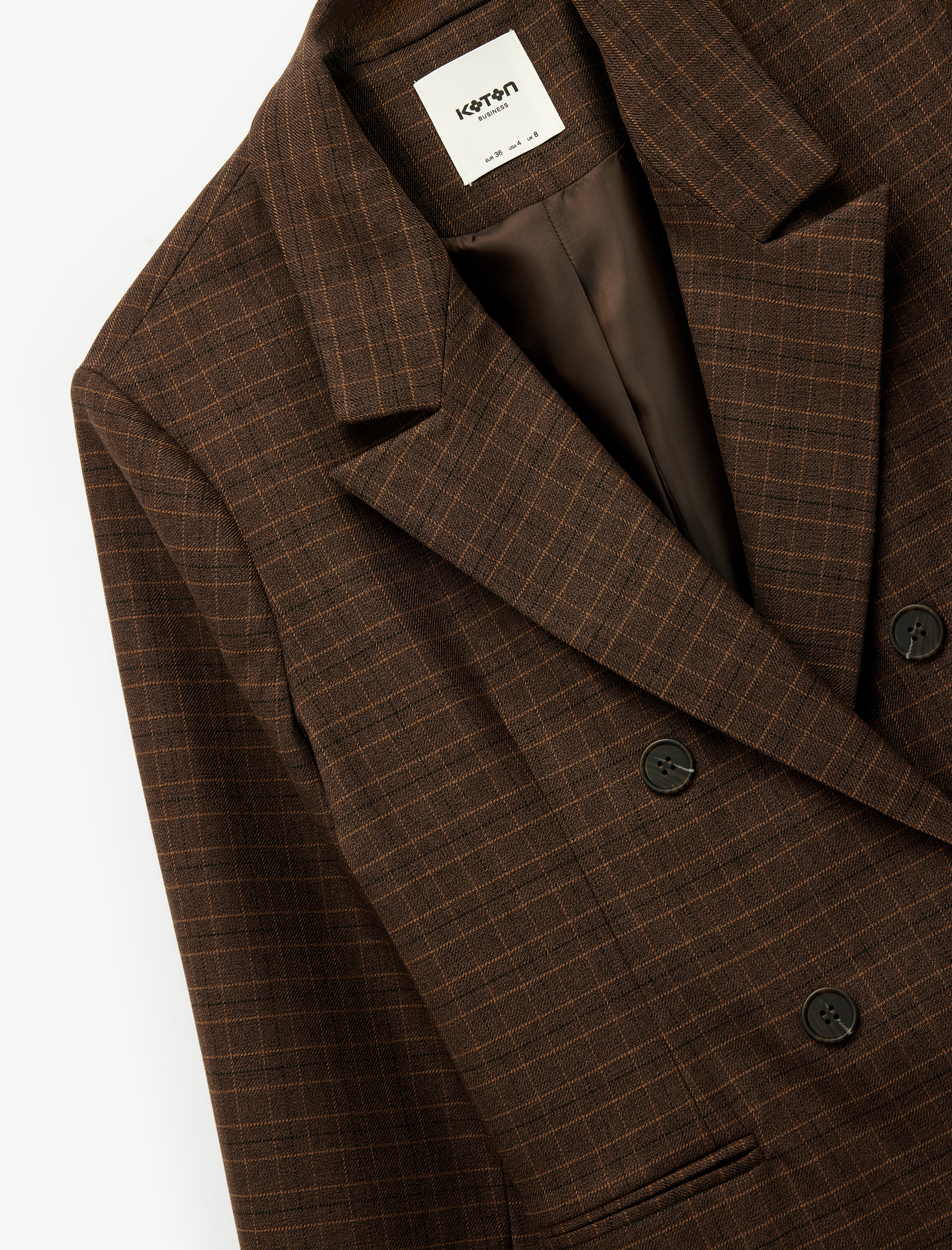   Viskon Karışımlı Düğmeli Cep Detaylı Kruvaze Yaka Ekoseli Blazer Ceket