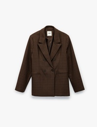 Viskon Karışımlı Düğmeli Cep Detaylı Kruvaze Yaka Ekoseli Blazer Ceket