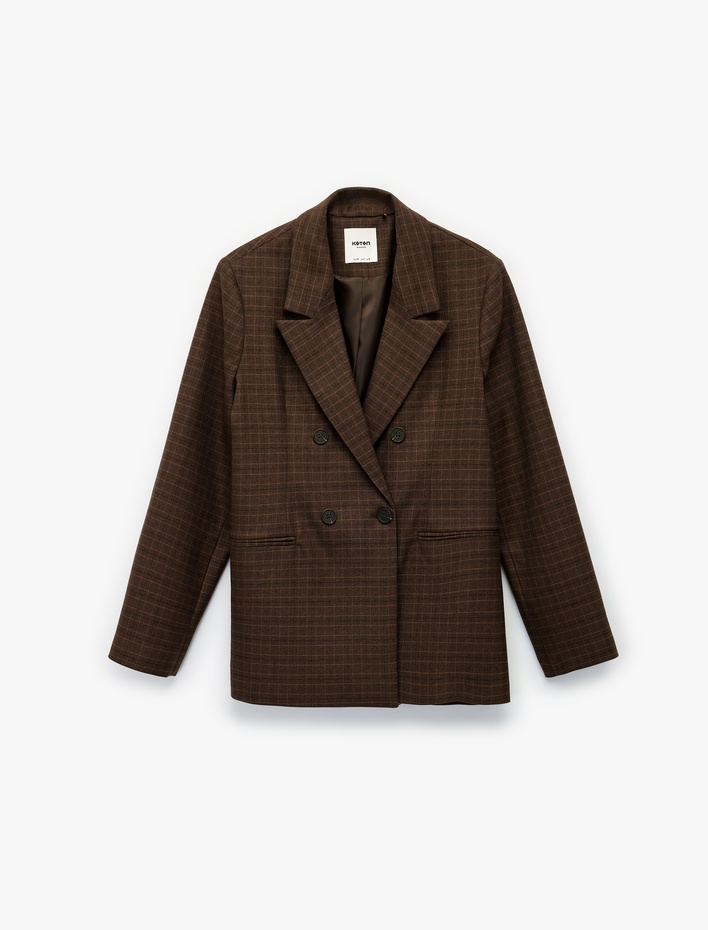  Viskon Karışımlı Düğmeli Cep Detaylı Kruvaze Yaka Ekoseli Blazer Ceket