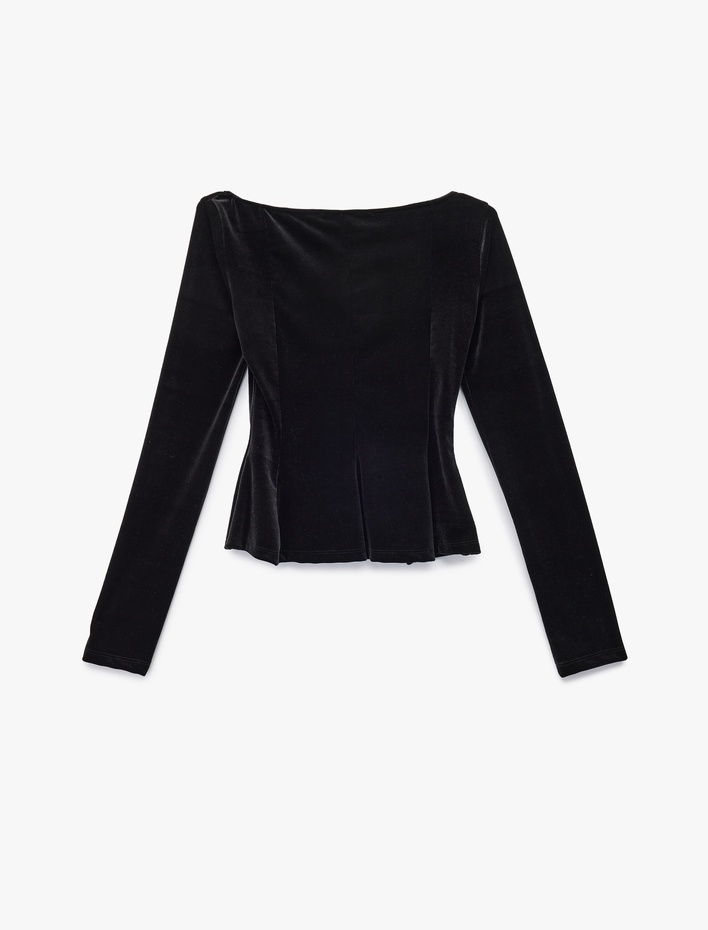  Slim Fit Kayık Yaka Uzun Kollu Kadife Peplum Tişört