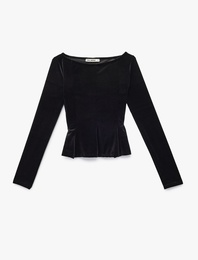 Slim Fit Kayık Yaka Uzun Kollu Kadife Peplum Tişört
