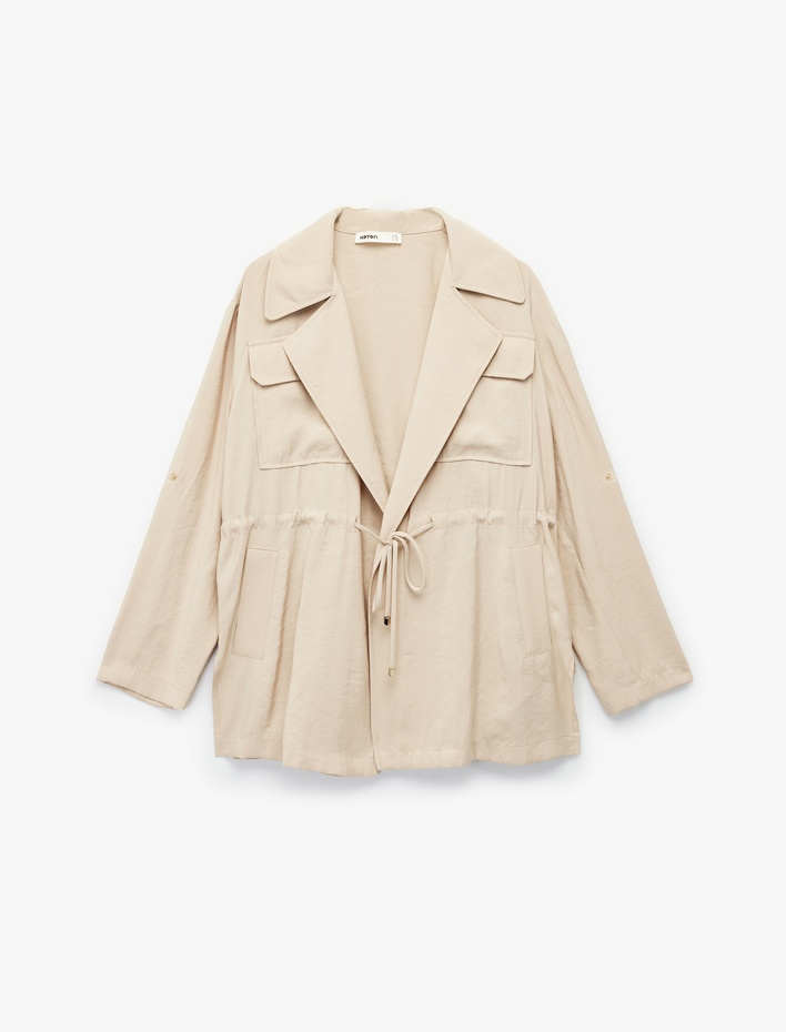  Modal Kumaş Uzun Kollu Kapaklı Cep Detaylı Bağlama Detaylı Oversize Ceket