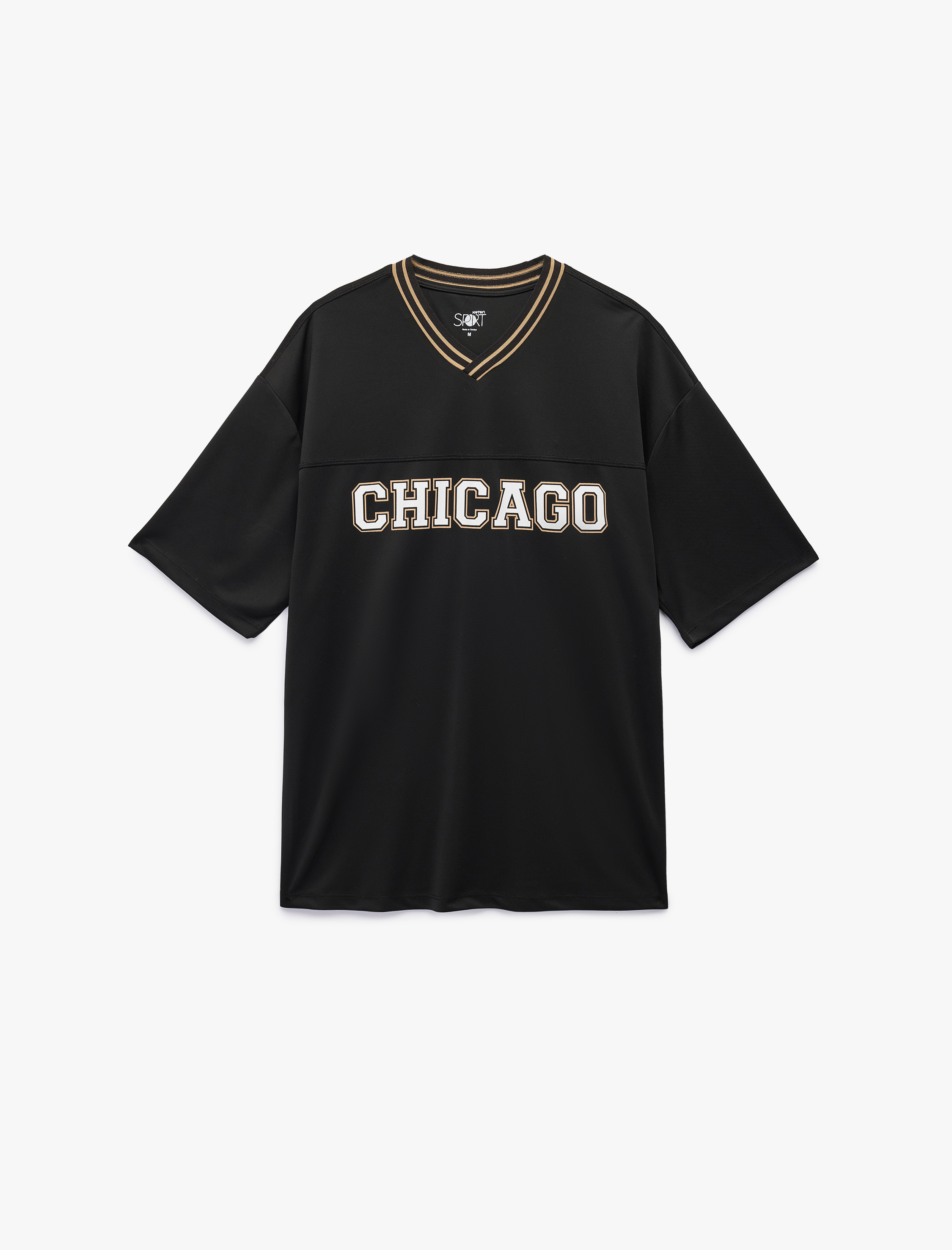   Kısa Kollu Çizgi Detaylı V Yaka Baskılı Oversize Spor Tişört