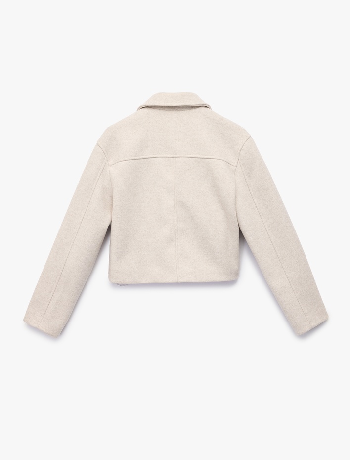  Regular Fit Uzun Kollu Cepli Fermuarlı Crop Kaşe Ceket