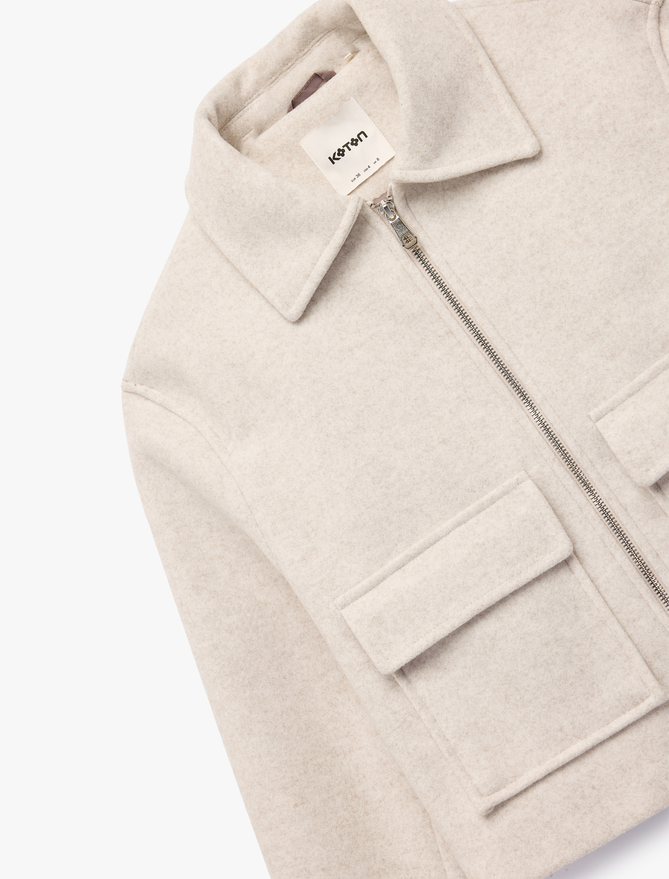   Regular Fit Uzun Kollu Cepli Fermuarlı Crop Kaşe Ceket