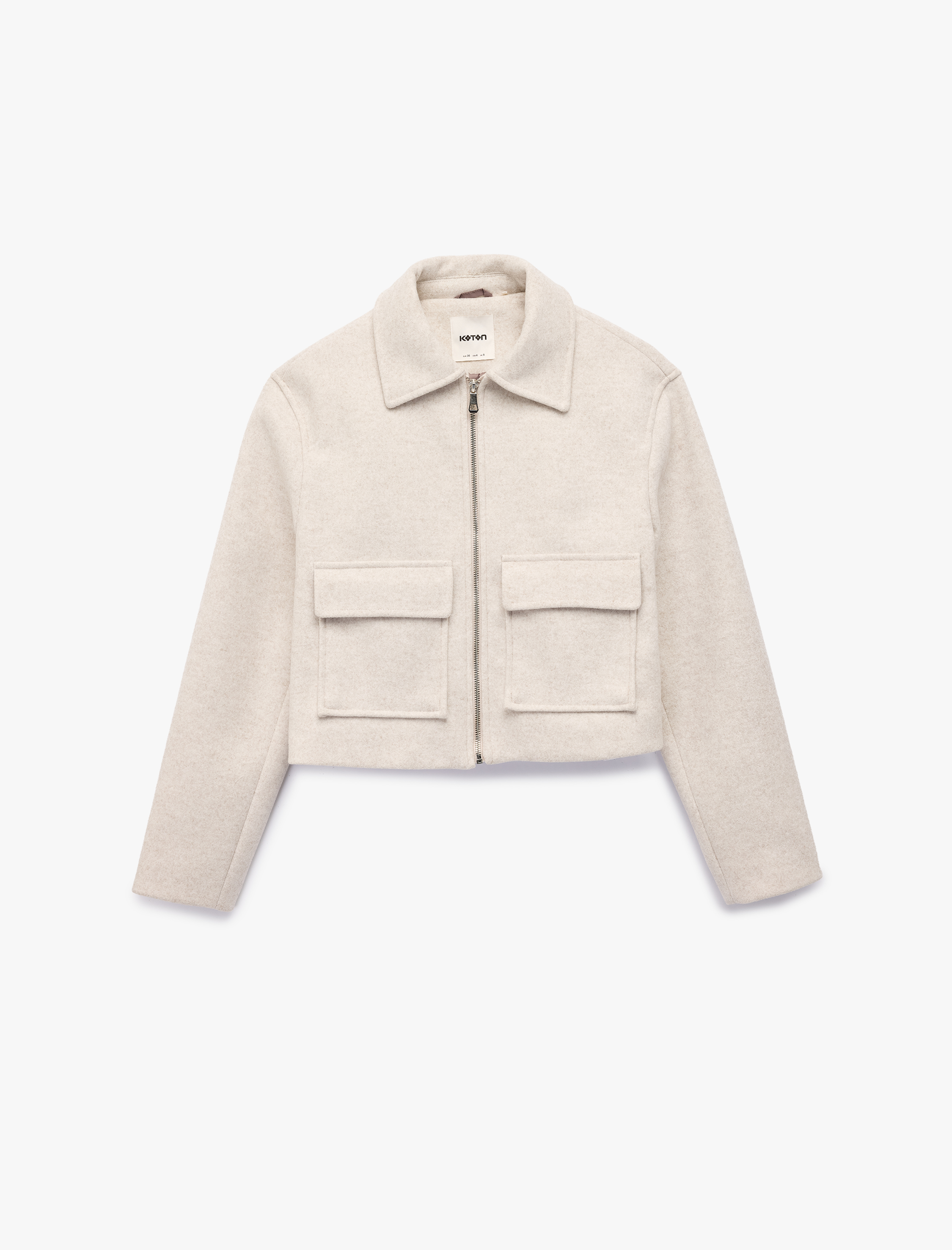   Regular Fit Uzun Kollu Cepli Fermuarlı Crop Kaşe Ceket