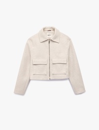Regular Fit Uzun Kollu Cepli Fermuarlı Crop Kaşe Ceket