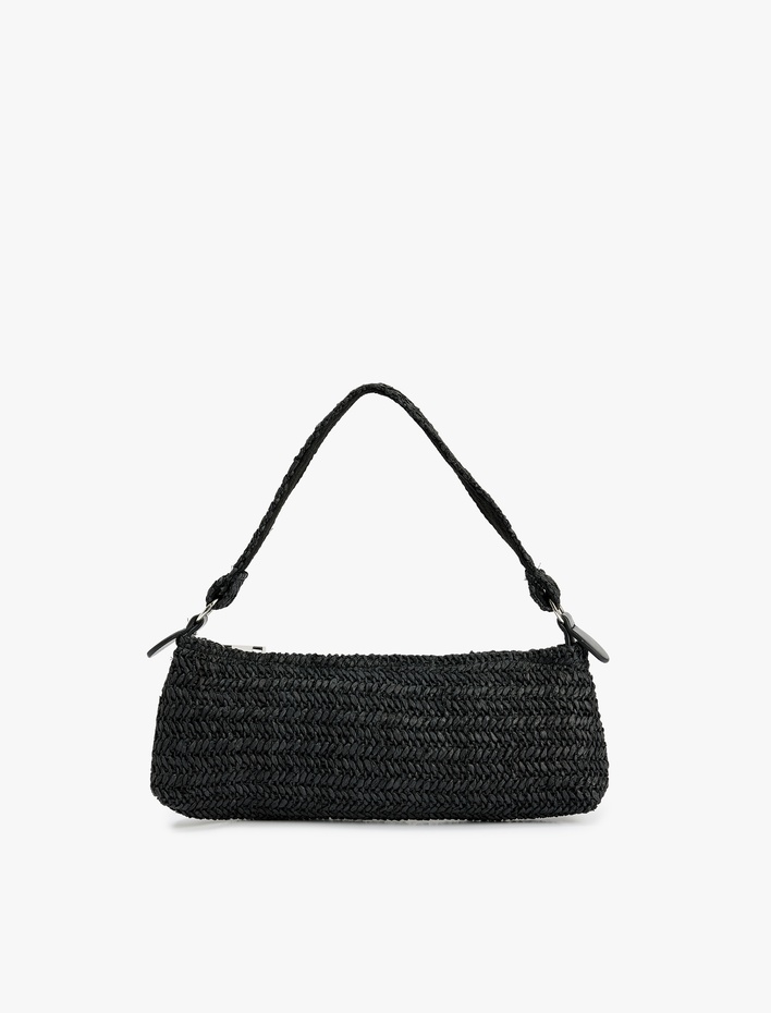 Kadın Örgü Detaylı Fermuarlı Hasır Omuz Çantası