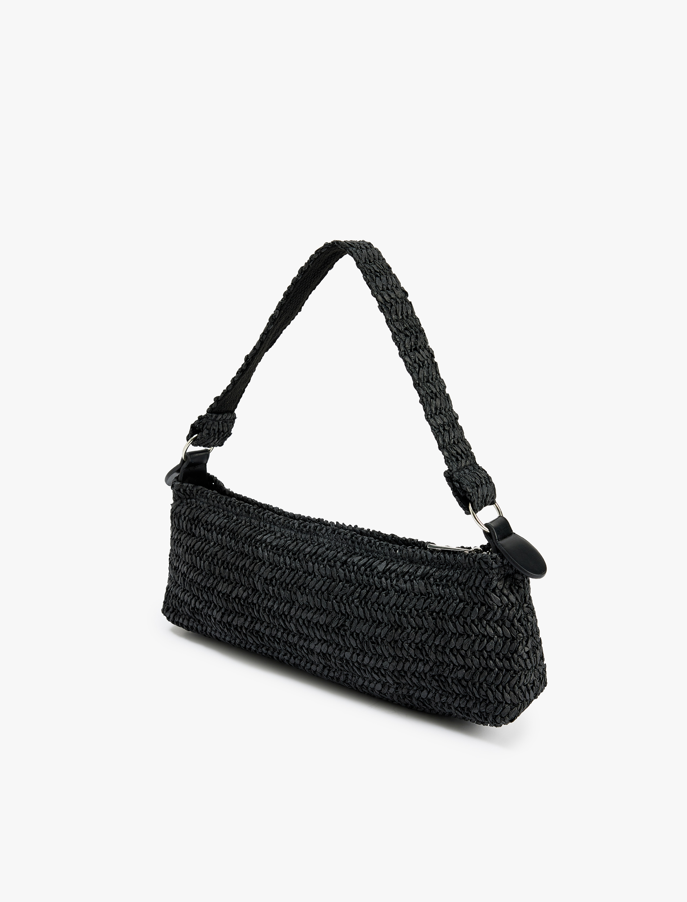  Kadın Örgü Detaylı Fermuarlı Hasır Omuz Çantası