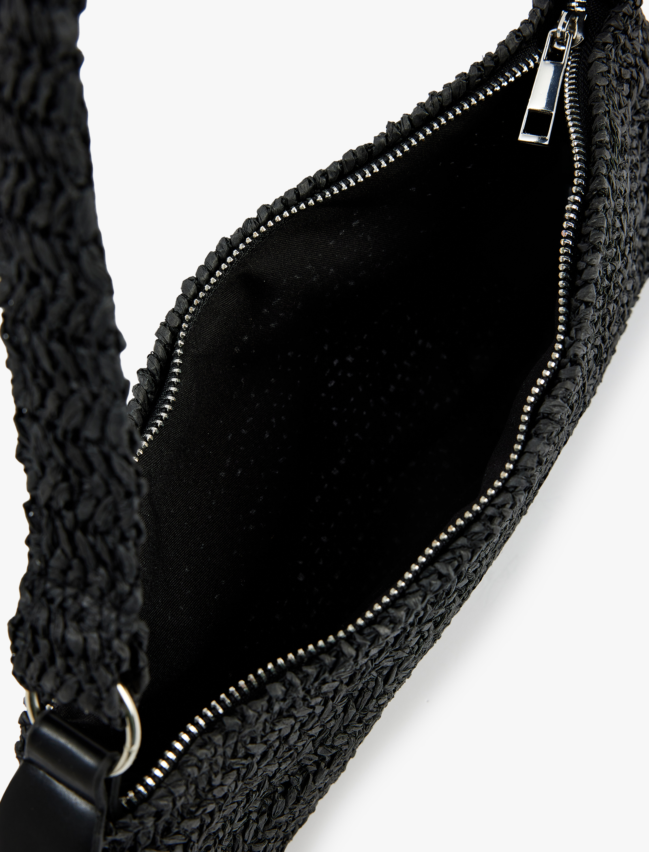  Kadın Örgü Detaylı Fermuarlı Hasır Omuz Çantası