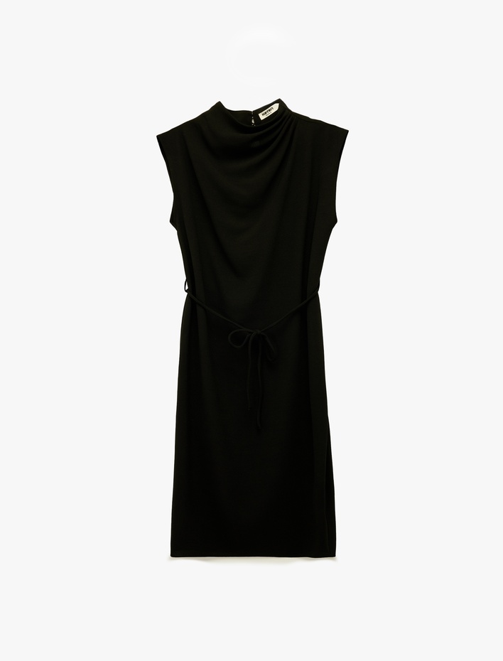  Dik Yaka Kolsuz Midi Drapeli Elbise