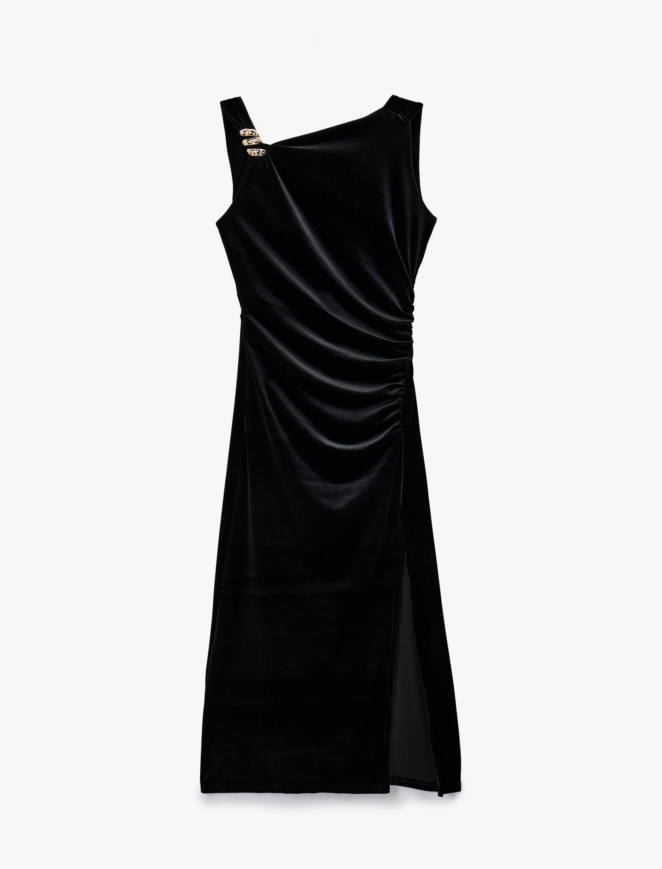   Yırtmaçlı Aksesuarlı Asimetrik Yaka Kolsuz Midi Boy Kadife Elbise