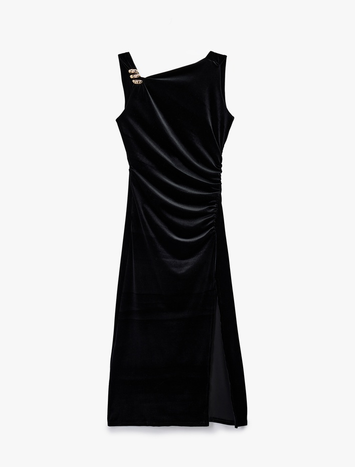  Yırtmaçlı Aksesuarlı Asimetrik Yaka Kolsuz Midi Boy Kadife Elbise