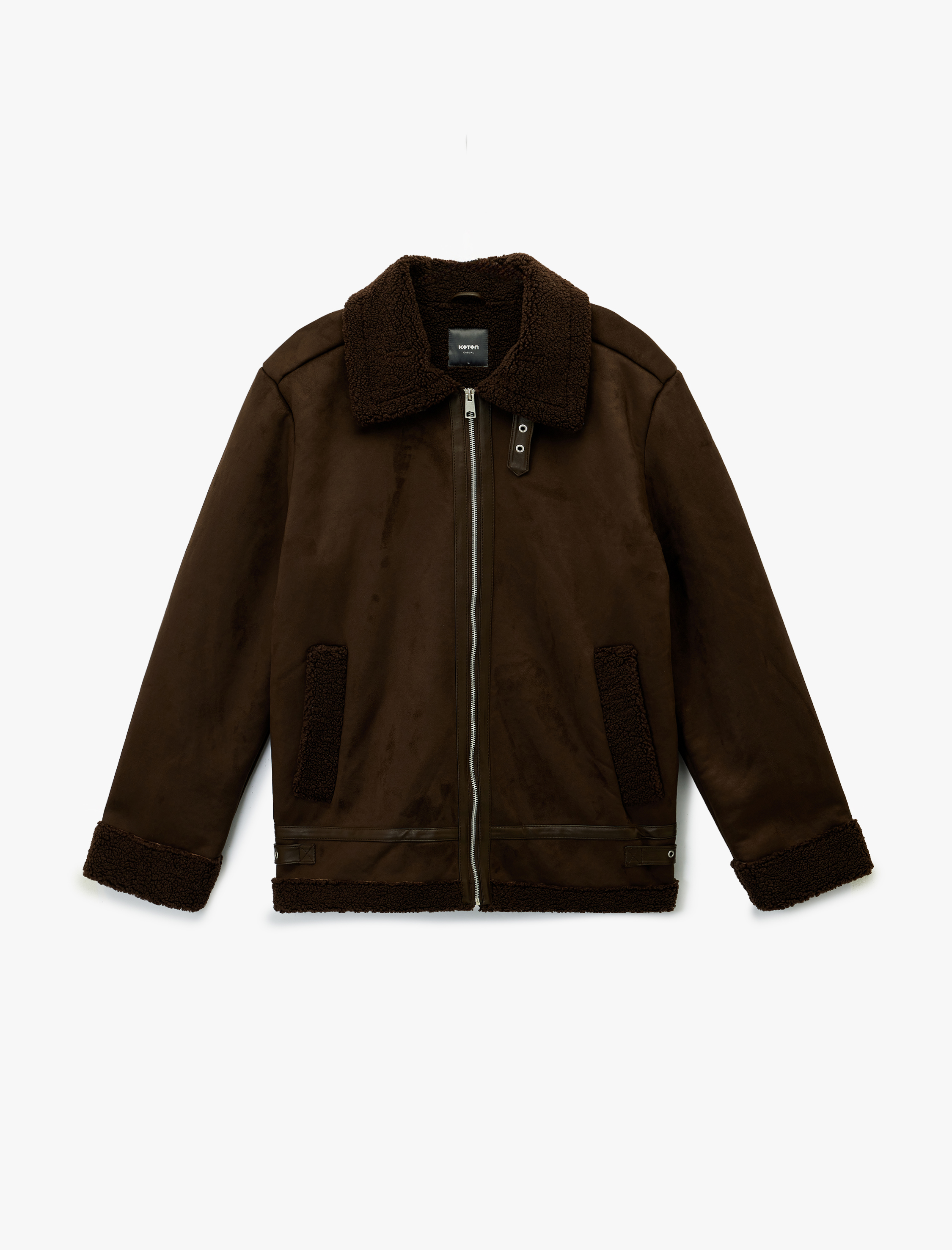   Uzun Kollu Cepli Fermuarlı Peluş Yaka Suni Süet Ceket