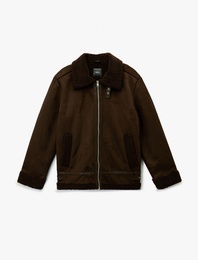 Uzun Kollu Cepli Fermuarlı Peluş Yaka Suni Süet Ceket