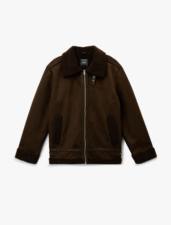  Uzun Kollu Cepli Fermuarlı Peluş Yaka Suni Süet Ceket