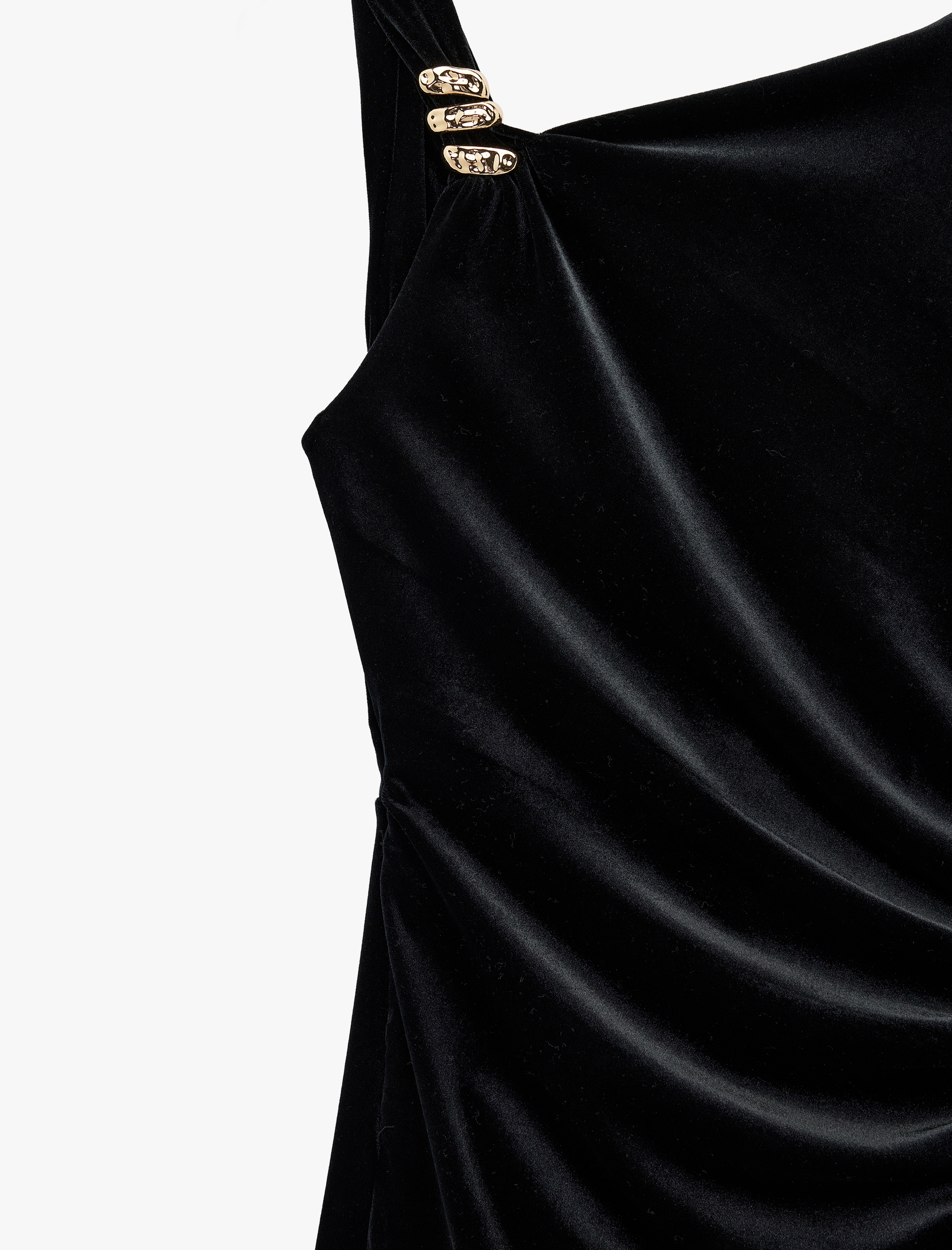   Yırtmaçlı Aksesuarlı Asimetrik Yaka Kolsuz Midi Boy Kadife Elbise