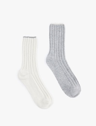 Koyun Yünü Karışımlı Çizgili 2'li Kalın Soket Çorap Seti