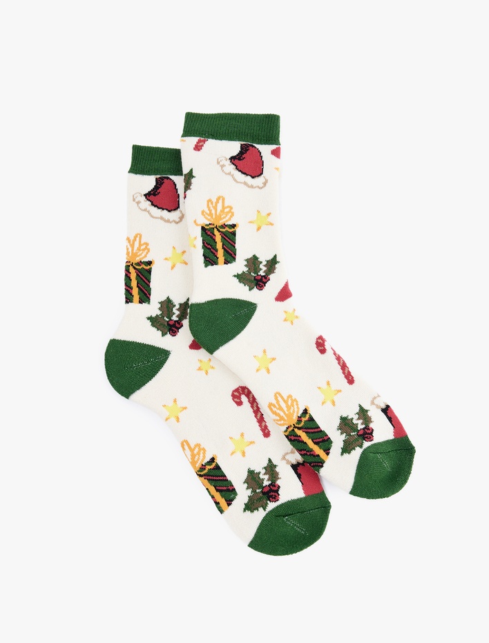 Kadın Renk Kontrastlı Pamuklu Soket Havlu Yılbaşı Çorabı