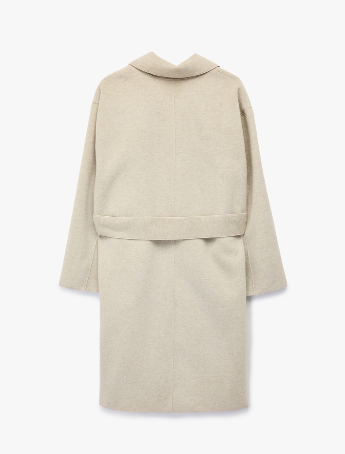  Kuşak Detaylı Düğmeli Kruvaze Uzun Kollu Kaşe Kaban