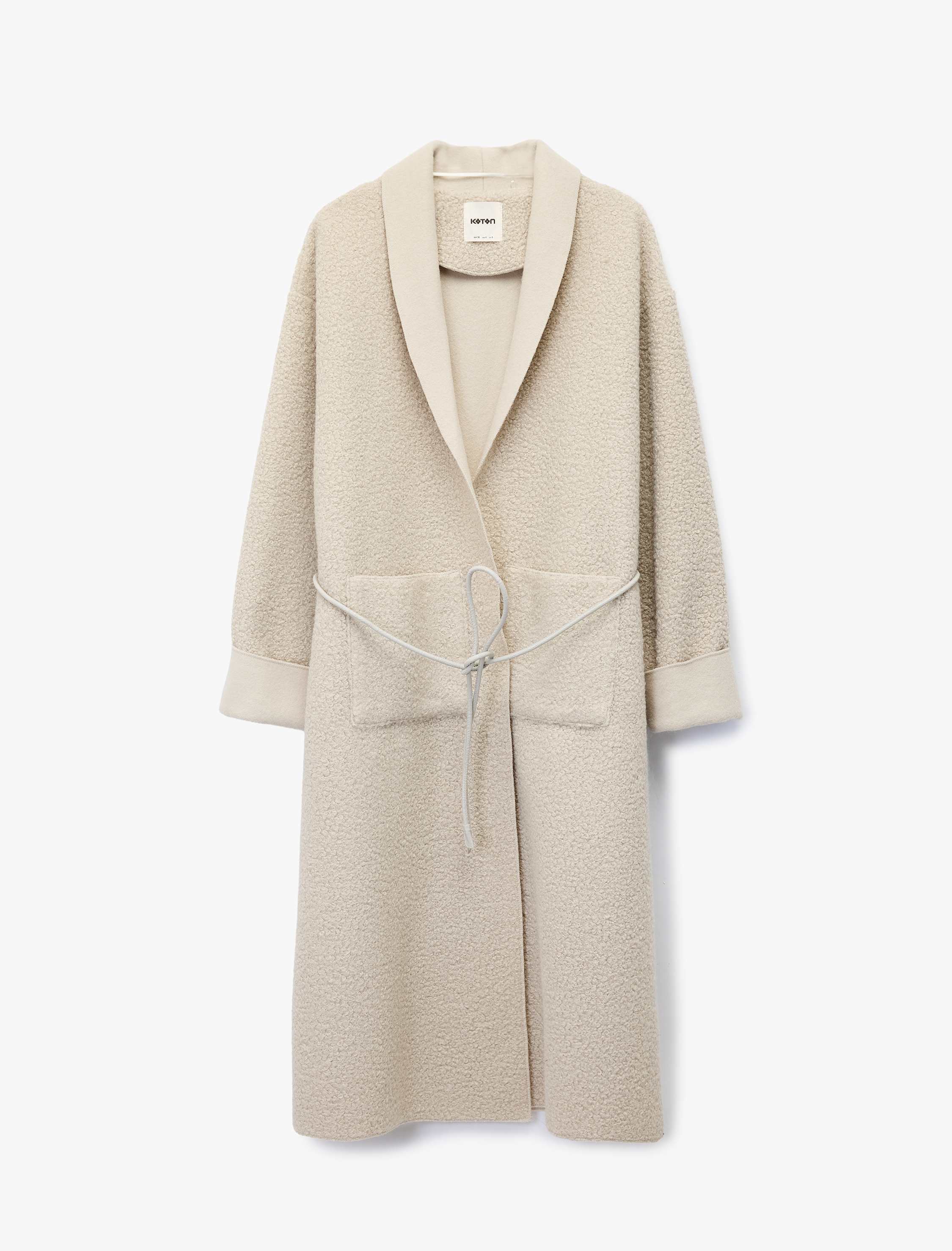   Uzun Kollu Cep Detaylı Kemerli Uzun Buklet Kaban