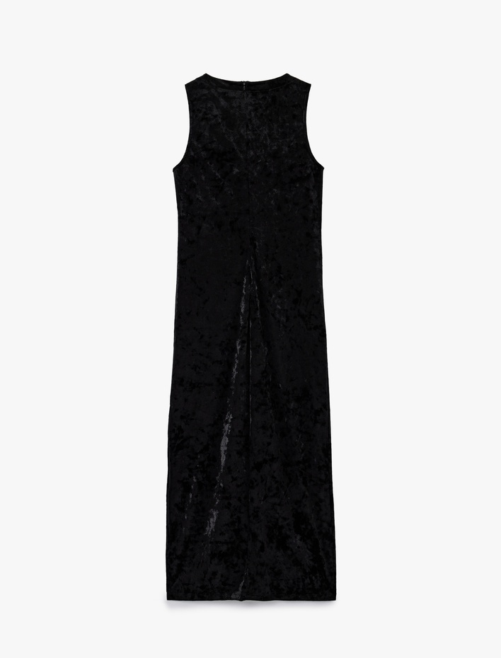  Midi Boy Kolsuz Yuvarlak Yaka Kadife Elbise