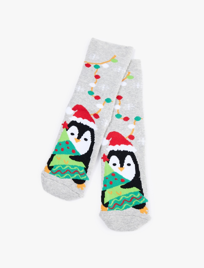 Kız Çocuk Penguen Desenli Yılbaşı Çorabı