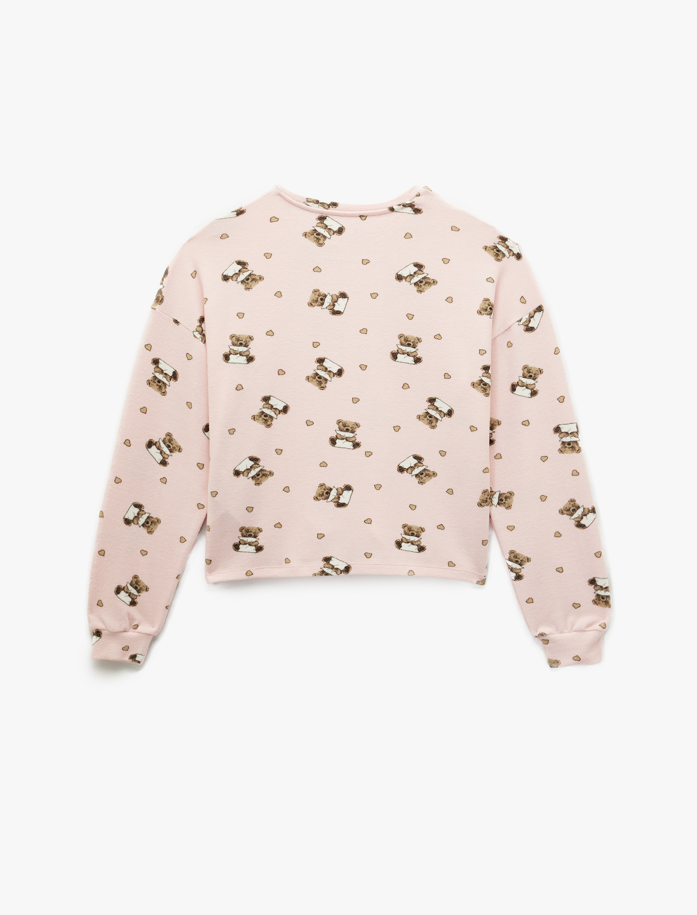   Uzun Kollu Bisiklet Yaka Ayıcık Baskılı Pijama Üstü