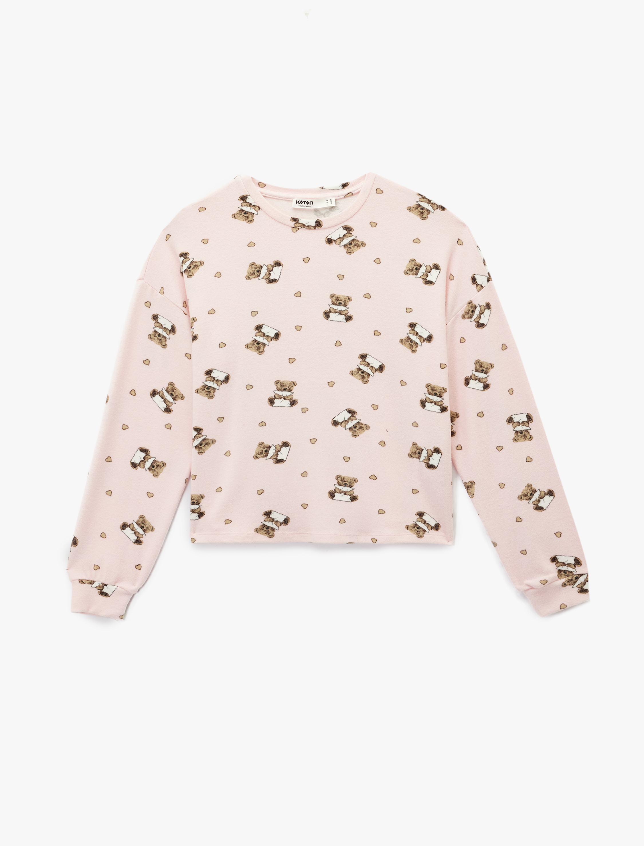   Uzun Kollu Bisiklet Yaka Ayıcık Baskılı Pijama Üstü