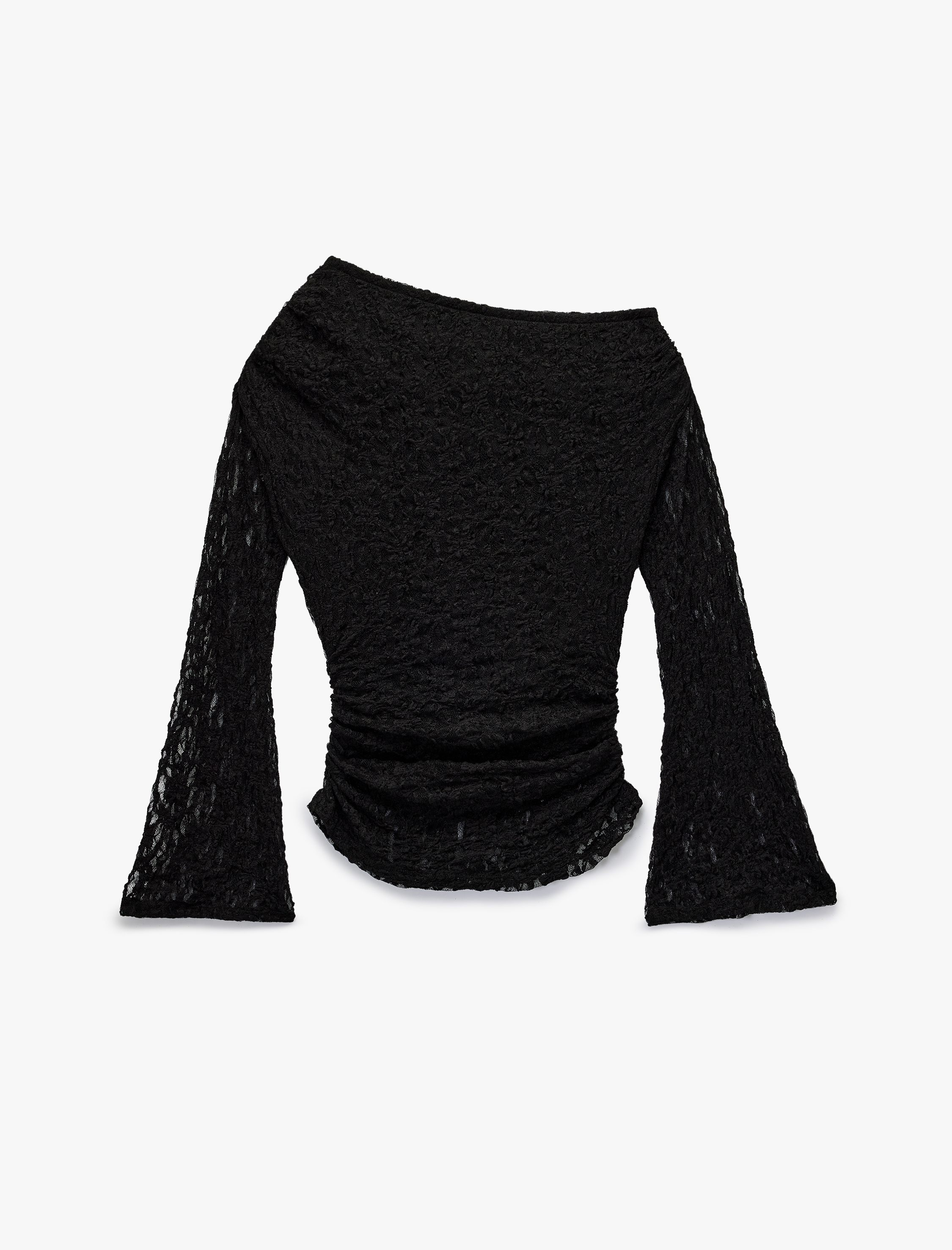   Asimetrik Yaka Uzun İspanyol Kollu Slim Fit Drapeli Dantel Tişört