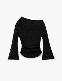 Asimetrik Yaka Uzun İspanyol Kollu Slim Fit Drapeli Dantel Tişört