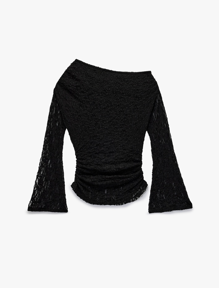  Asimetrik Yaka Uzun İspanyol Kollu Slim Fit Drapeli Dantel Tişört