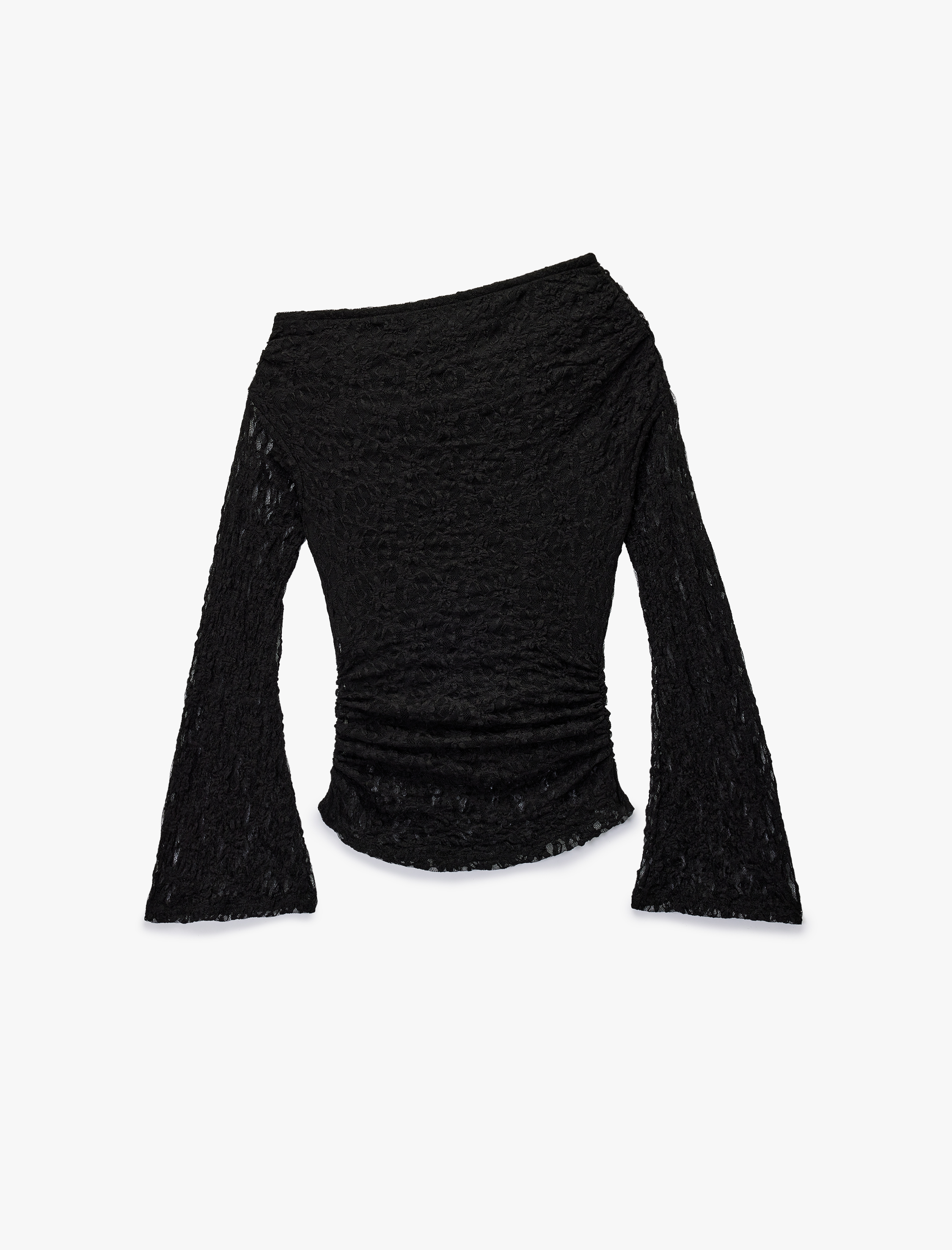   Asimetrik Yaka Uzun İspanyol Kollu Slim Fit Drapeli Dantel Tişört