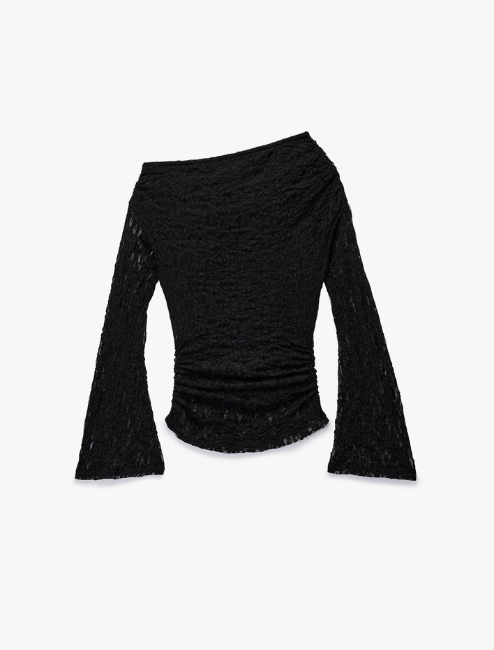 Asimetrik Yaka Uzun İspanyol Kollu Slim Fit Drapeli Dantel Tişört