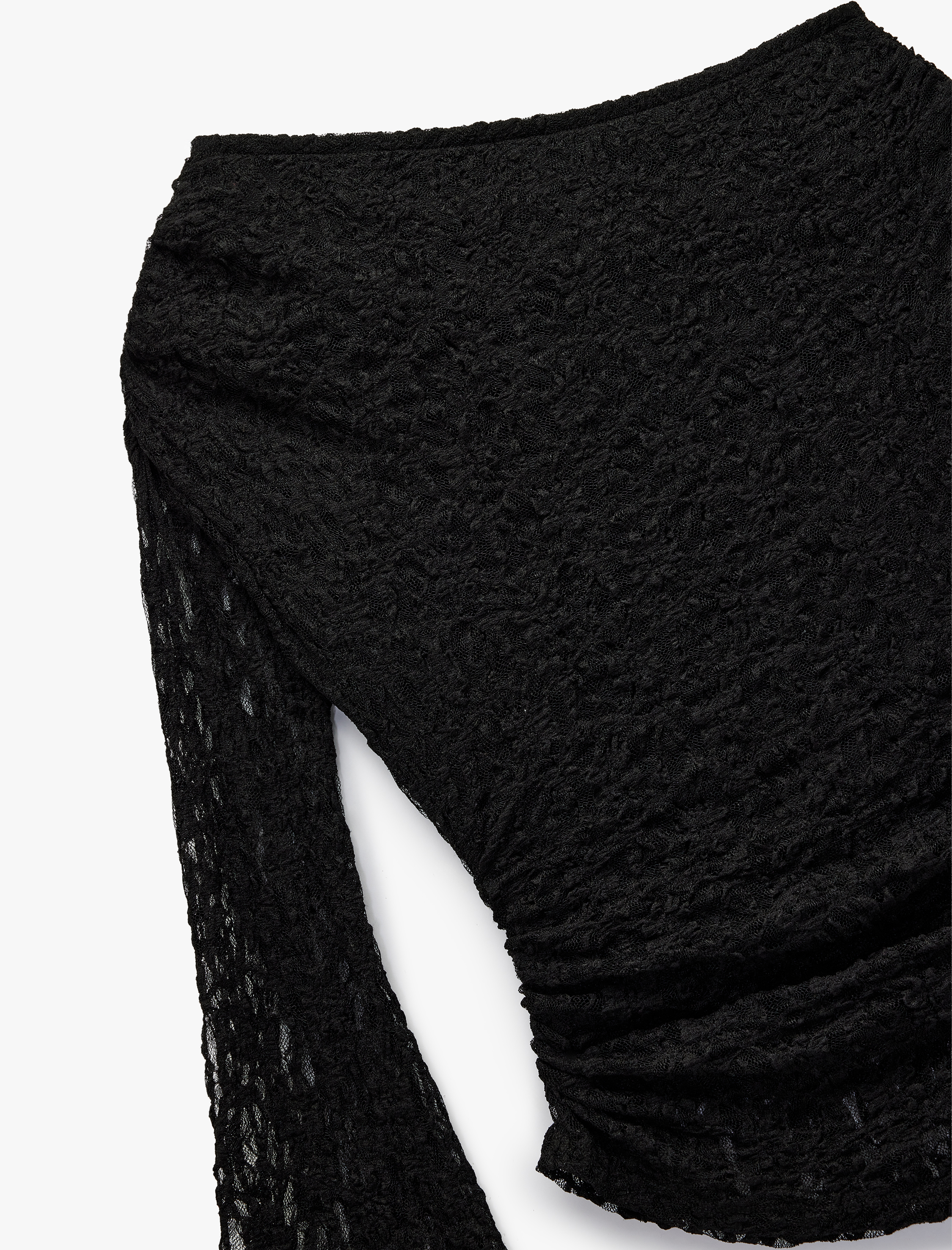   Asimetrik Yaka Uzun İspanyol Kollu Slim Fit Drapeli Dantel Tişört