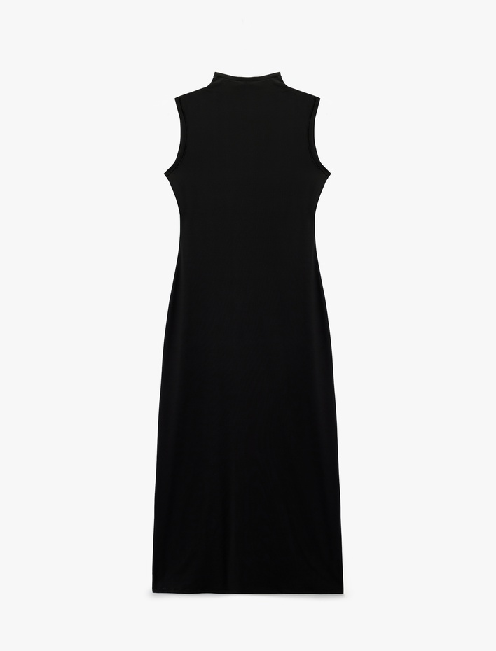  Dar Kalıp Midi Boy Kolsuz Dik Yaka Kalem Bodycon Elbise