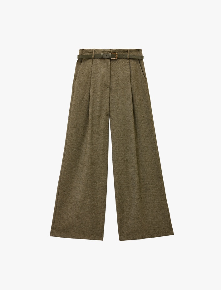  Loose Fit Cepli Pileli Kemerli Palazzo Kumaş Pantolon