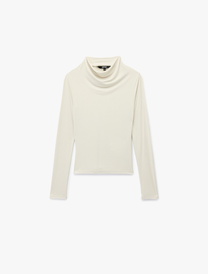  Slim Fit Modal Kumaş Uzun Kollu Dökümlü Dik Yaka Bluz