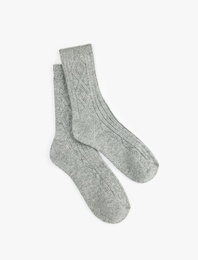 Kalın Koyun Yünü Karışımlı Baklava Desenli Dokulu Soket Çorap