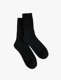 Kalın Koyun Yünü Karışımlı Baklava Desenli Dokulu Soket Çorap