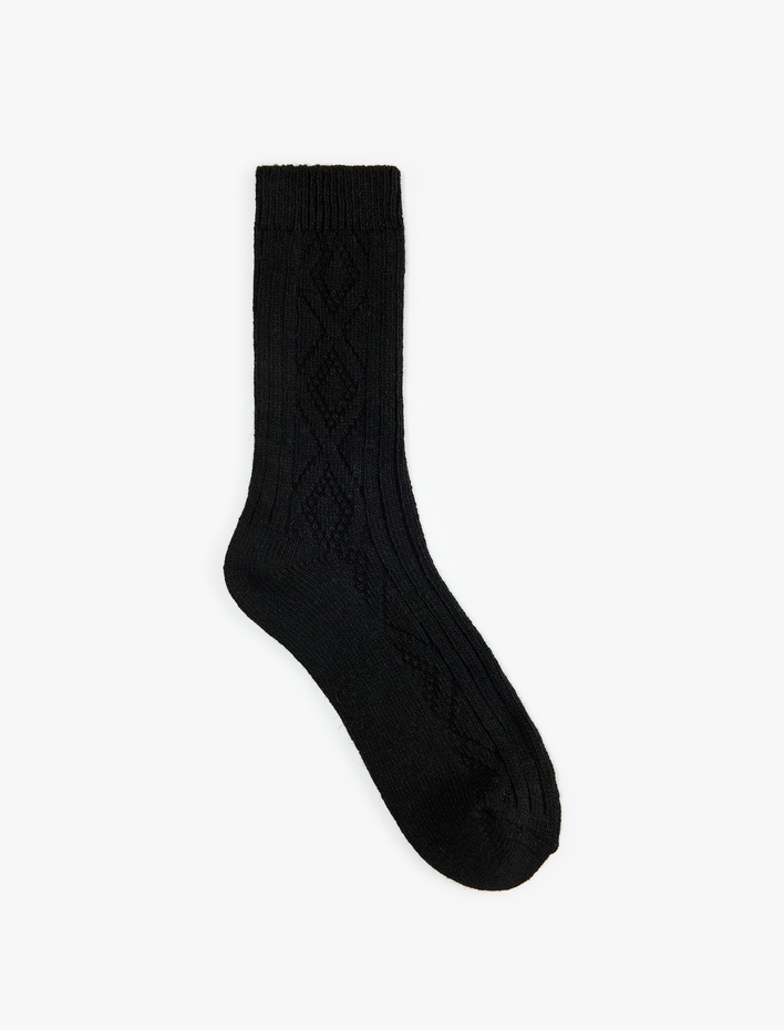 Erkek Kalın Koyun Yünü Karışımlı Baklava Desenli Dokulu Soket Çorap