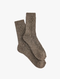 Kalın Koyun Yünü Karışımlı Baklava Desenli Dokulu Soket Çorap