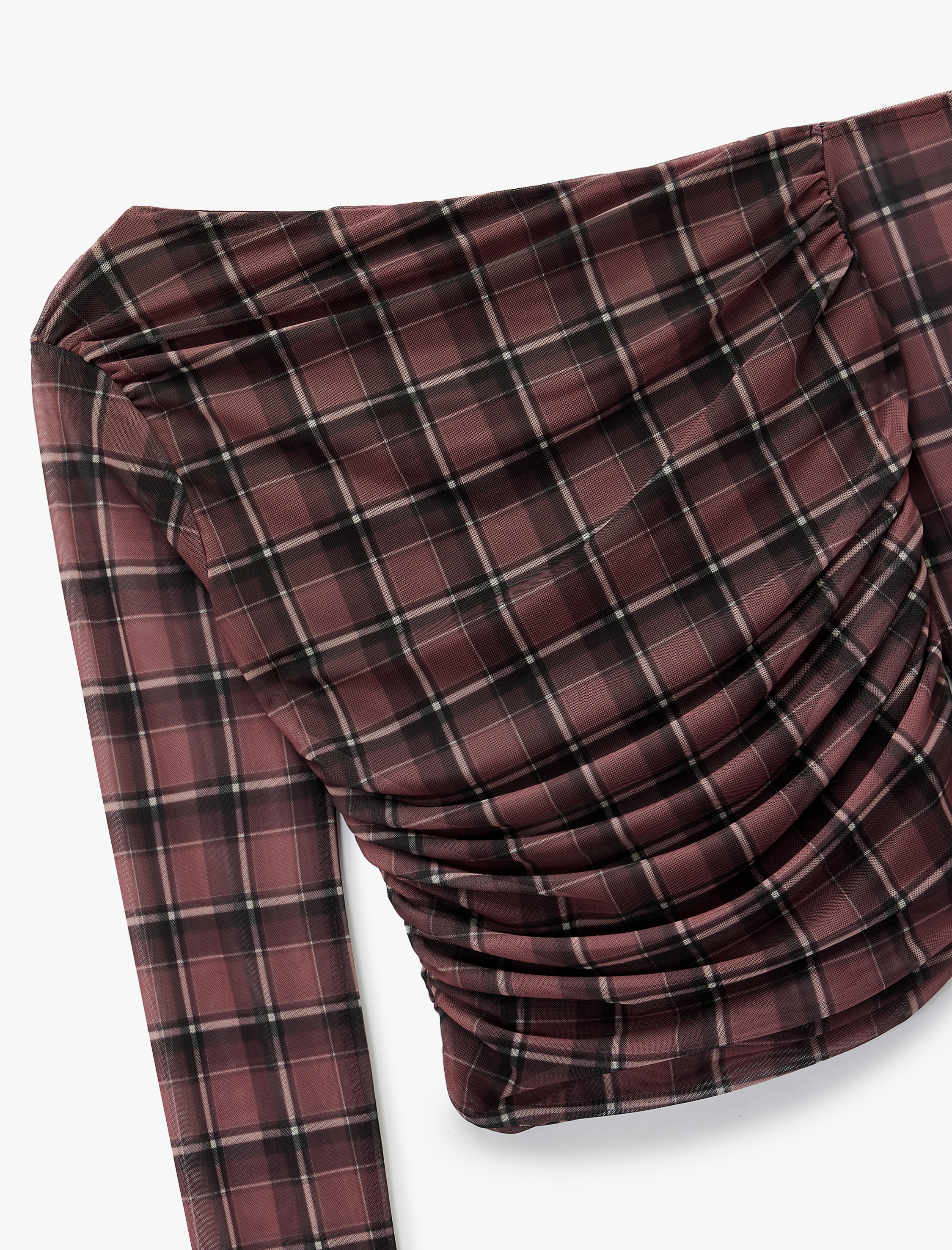   Asimetrik Yaka Uzun Kollu Drape Detaylı Ekose Tişört