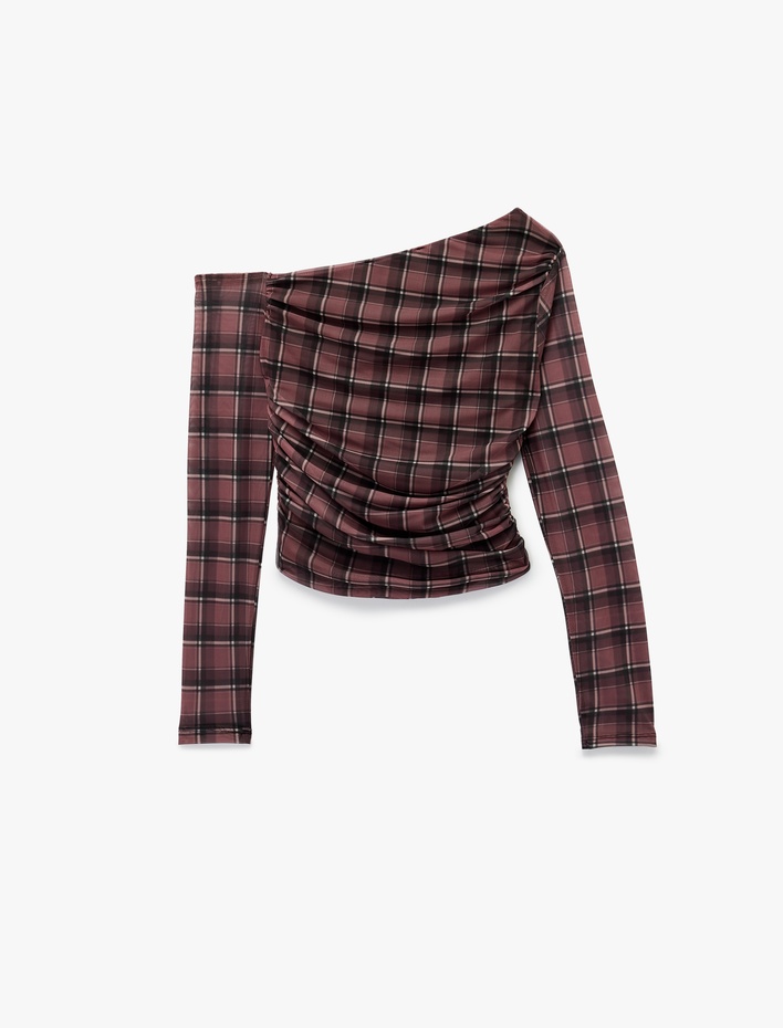  Asimetrik Yaka Uzun Kollu Drape Detaylı Ekose Tişört